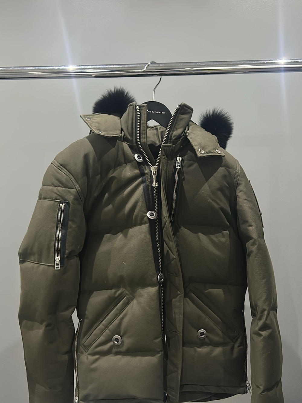 Moose Knuckles Olive Green men’s Puffer Jacket with Fur Hood